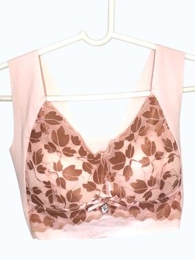 New Blush Pink Lace Bralette Crop Top Women Large Padded Floral Mesh Stretch Bra